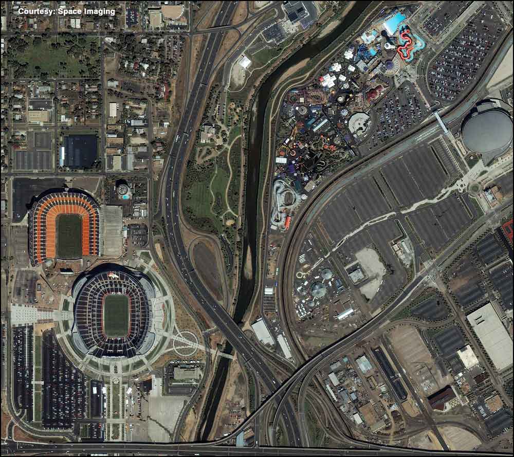 Rare Satellite View of Denver's Mile High Stadium (oval shaped and now demolished) and the current Denver Bronco's Football Stadium